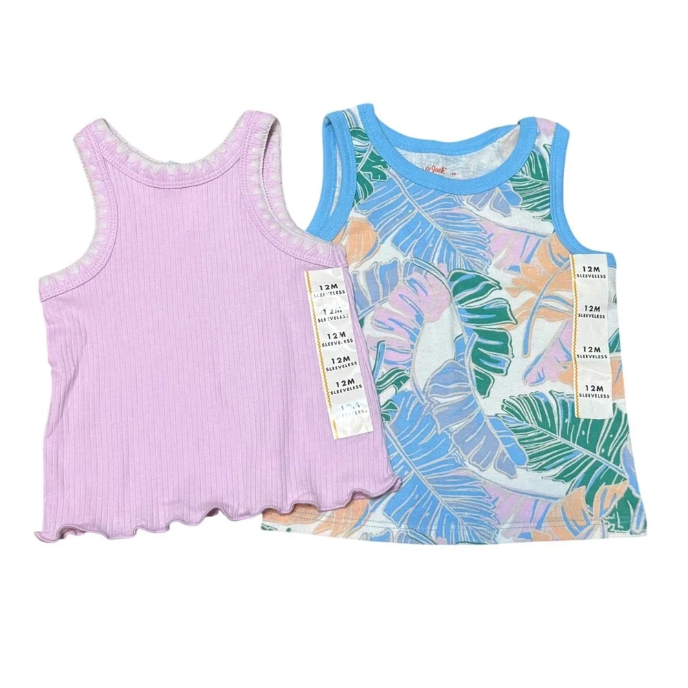 Cat‎ & Jack Girls 12M Tank Top Set Purple Ribbed Tropical Palm 2pc Bundle New